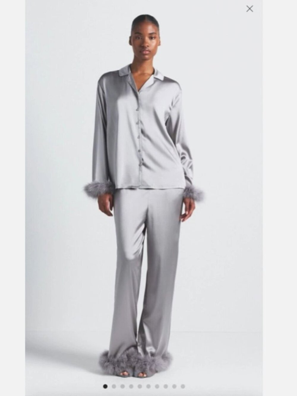 NWT SKIMS Silk Feather Trim Long Matching Pajama Set - Mirror Silver Gray XS
